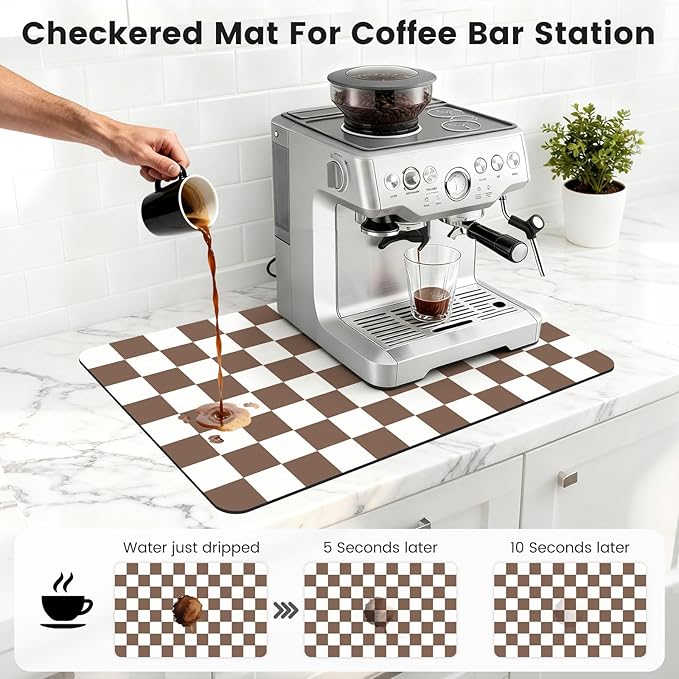 16" x 24" Checkered Dish Drying Mat for Kitchen Counter, Absorbent Coffee Bar Mat for Espresso Machine Coffee Countertops Accessories, Coffee Brown - Image 3