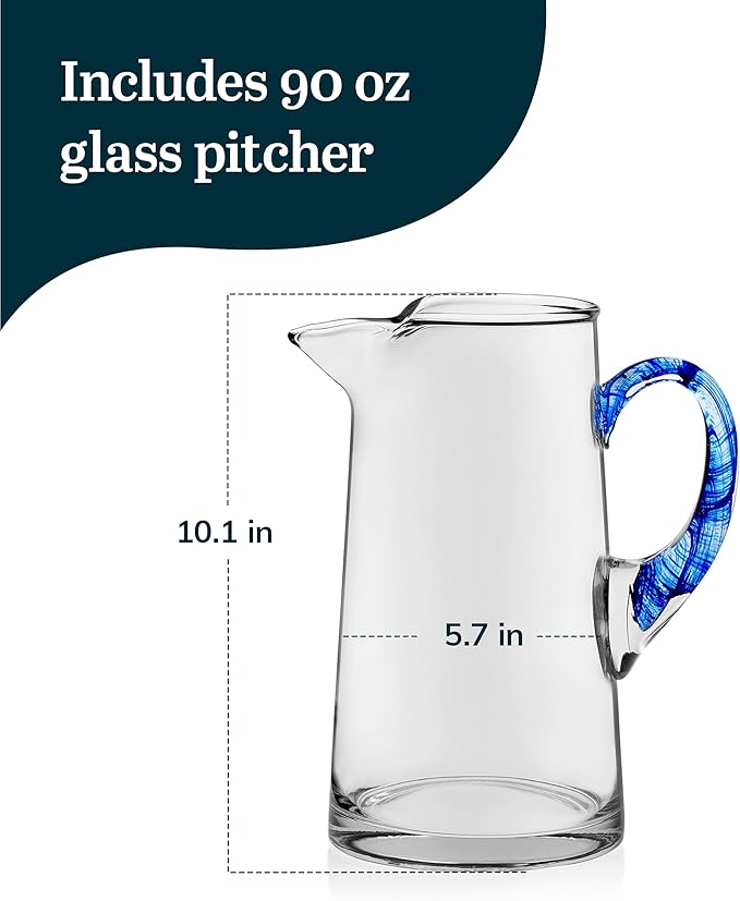 Libbey Cabos Large Glass Pitcher, 90 Oz Handcrafted Glass Water Pitcher with Spout and Blue Handle, Artisan-Inspired Water Carafe for Tables, Kitchen - Image 3