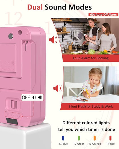 Digital Kitchen Timer for Cooking - 4 Channel Count Up Countdown Timer with Loud Alarm and Silent Mode, Large Display, Magnetic Back, Auto Memory for Classroom Study Gym, Battery Included (Pink) - Image 5