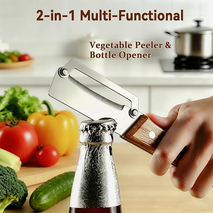 Multi-Functional Vegetable Peeler for Kitchen with Wooden Handle and Bottle Opener, 2 in 1 Stainless Steel Veggie Peeler Kitchen Gadgets Tool for Fruit Potato Pumpkin Apple Carrot Papaya - Image 5