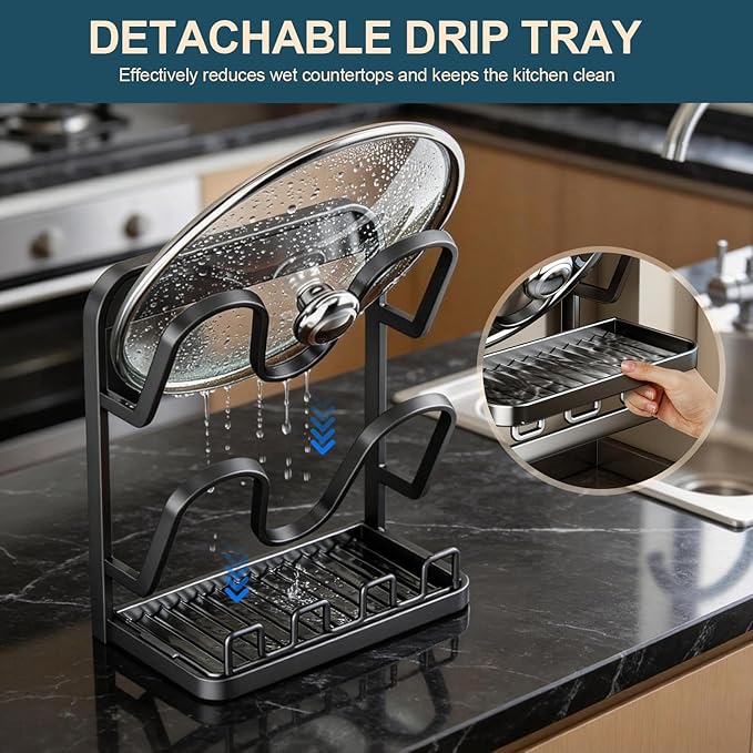 Kitchen Pot Lid Storage Rack: Carbon Steel Double-Layer Holder & Spoon Rest with Removable Drip Tray, Pot Cover Holder While Cooking, Pot Lid Organizer for Kitchen Counter Space Saving(Gray) - Image 7