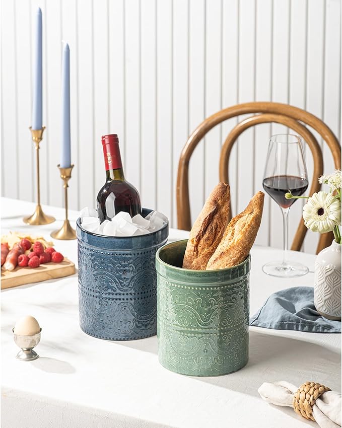 Kitchen Utensil Holder, 7 Inches Large Ceramic Utensil Holder for Countertop, Lace Emboss Cooking Utensil Crocks for Kitchen, Home Decor, Reactive Blue - Image 6