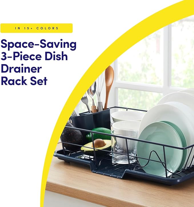 Sweet Home Collection Space-Saving 3-Piece Dish Drainer Rack Set: Efficient Kitchen Organizer for Quick Drying and Storage - Includes Cutlery Holder and Drainboard - Maximize Countertop Space, Navy - Image 2