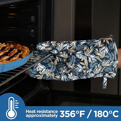 BONTHEE Oven Gloves Extra Long Cotton Cooking Gloves with Non-Slip Striped Baking Gloves for Cooking Baking Grilling - 2PCS