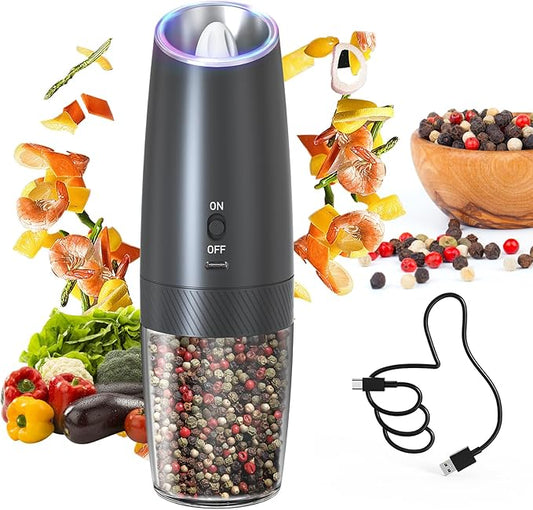 CIRCLE JOY Gravity Electric Pepper Grinder Rechargeable Salt Grinder Pepper Griner Mill Electric with LED Light, No Battery Needed, Adjustable Coarseness, Washable 135ml Container, Black by CIRCLEJOY