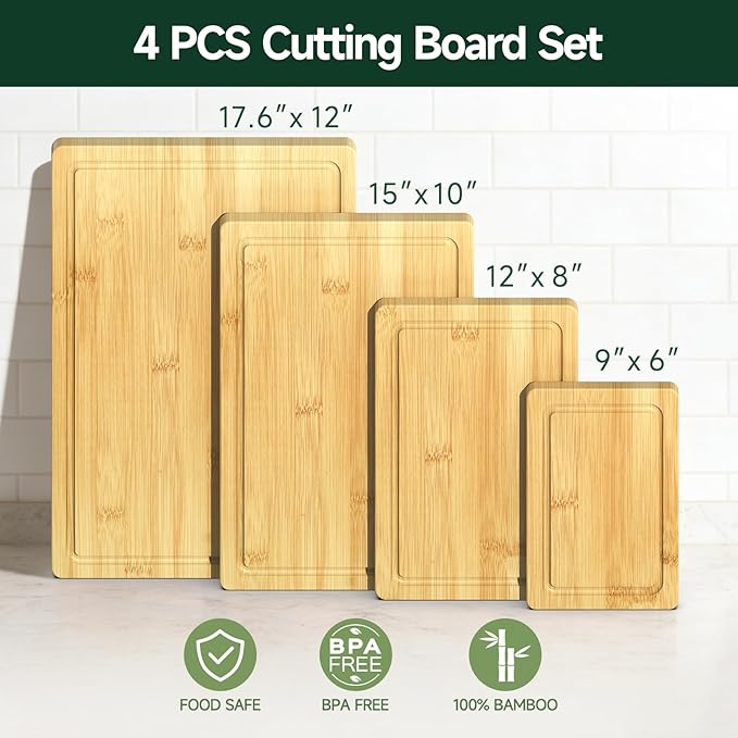 4-Piece Set Bamboo Cutting Board for Kitchen - Crack-Resistant Wood Chopping Boards with Deep Juice Grooves, Pre-Oiled Butcher Block for Meat, Vegetables & Cheese, Natural - Image 2