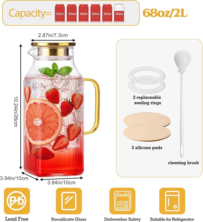 2 Pack 68oz/2 Liter Square Glass Pitcher with Handle and Lid, Classic Stripes Glass Water Pitcher with Handle for Fridge, Iced Tea, Coffee, Borosilicate Glass Carafe for Hot/Cold Brew Drink