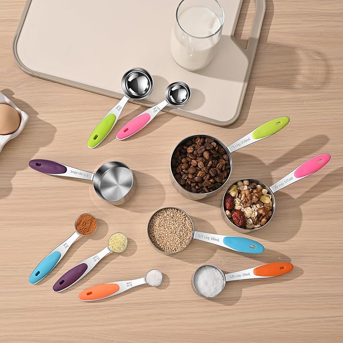 10-Piece Measuring Cups and Spoons Set, 304 Stainless Steel with Color-Coded Silicone Handles, Engraved Metric/US Measurements, Stackable & Detachable, Dishwasher Safe