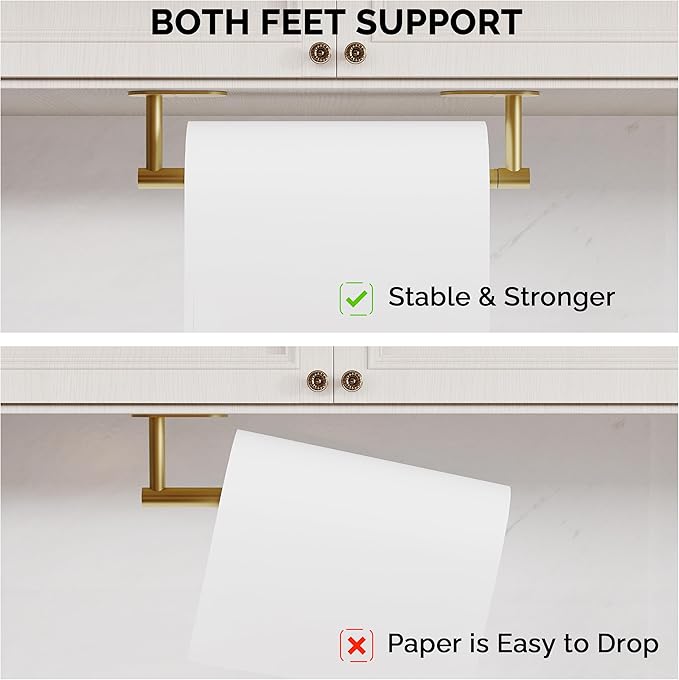 Paper Towel Holder Under Cabinet, Self Adhesive or Wall Mounted SUS304 Stainless Steel Paper Towel Holder for Kitchen, Farmhouse, Barbecue and Laundry (Brushed Gold) - Image 3