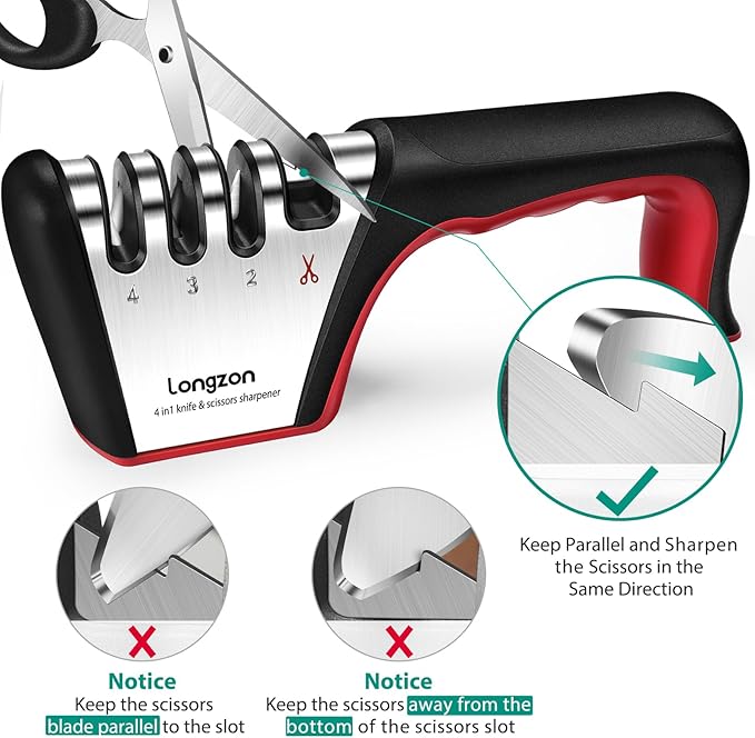 Longzon 5-in-1 Knife Sharpener 4 Stage with Cut-Resistant Glove, Quickly Sharpens & Restores Dull Blades, Easy & Safe for Home Kitchen Use, Fits Most Knives and Scissors, Black+Red - Image 7