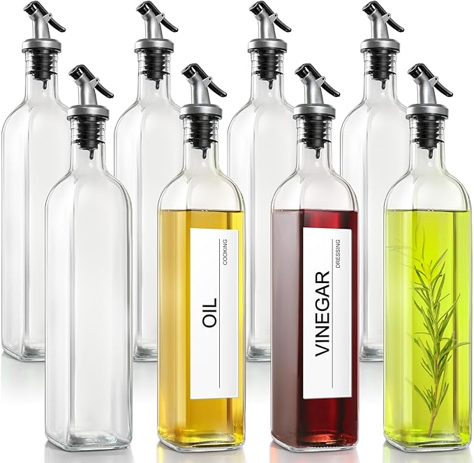 GMISUN Olive Oil Dispenser for Kitchen 8 Pack, Glass Oil Dispenser Bottle 17oz, Cooking Soy Sauce Bottle Container Cruet with Plastic Pourer Spout, Funnel and Labels, Clear by GMISUN