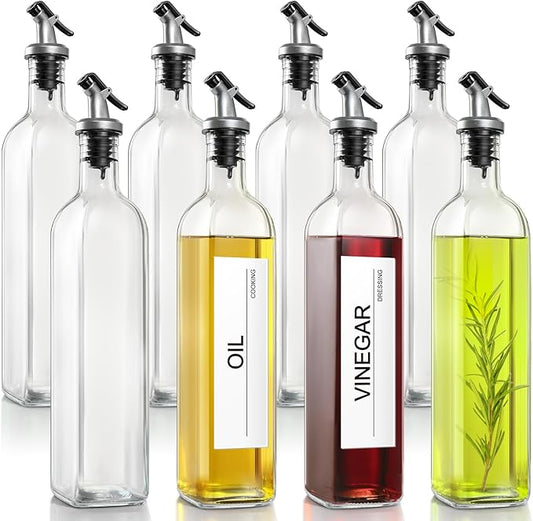 GMISUN Olive Oil Dispenser for Kitchen 8 Pack, Glass Oil Dispenser Bottle 17oz, Cooking Soy Sauce Bottle Container Cruet with Plastic Pourer Spout, Funnel and Labels, Clear by GMISUN