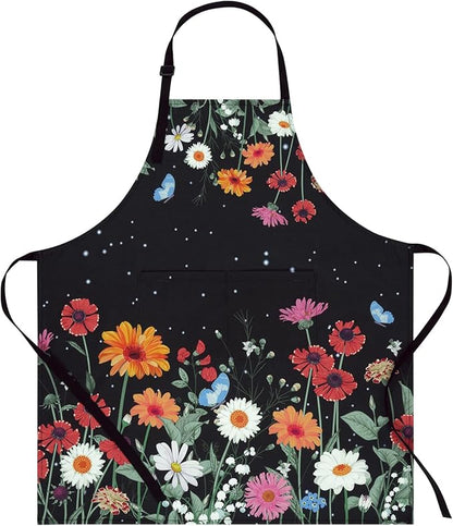 ASPMIZ Floral Apron for Adults, Waterproof Women Apron with 2 Pockets, Flower Cooking Aprons with Adjustable Neck Strap, Kitchen Apron for Washing Dishes, Gifts BBQ Grill 27.5 x 31.5 Inches, Black