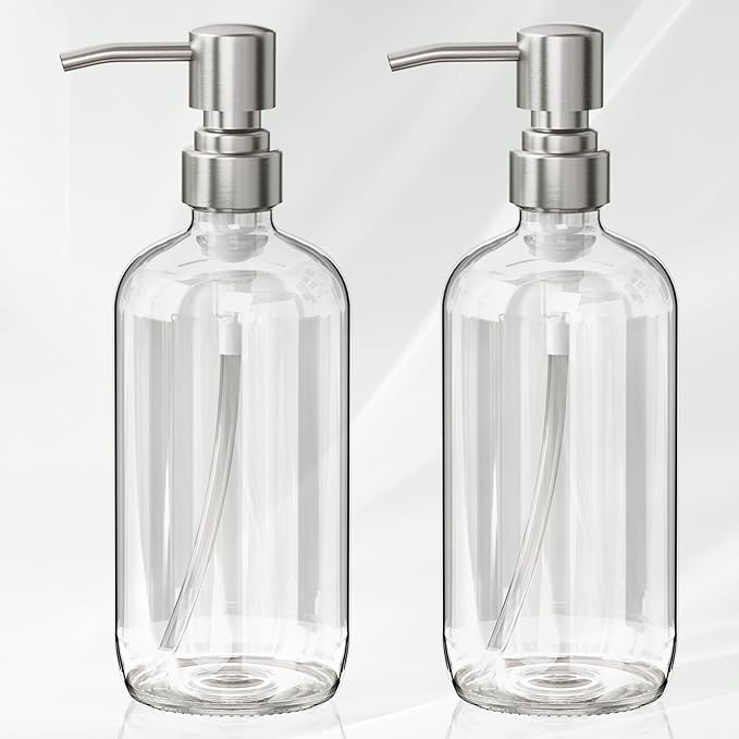 AmazerBath Soap Dispenser, 2 Pack Glass Soap Dispenser with Pump Stainless Steel, 17 Oz Hand Soap Bottles Bathroom Kitchen, Clear by AmazerBath