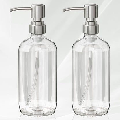 AmazerBath Soap Dispenser, 2 Pack Glass Soap Dispenser with Pump Stainless Steel, 17 Oz Hand Soap Bottles Bathroom Kitchen, Clear by AmazerBath