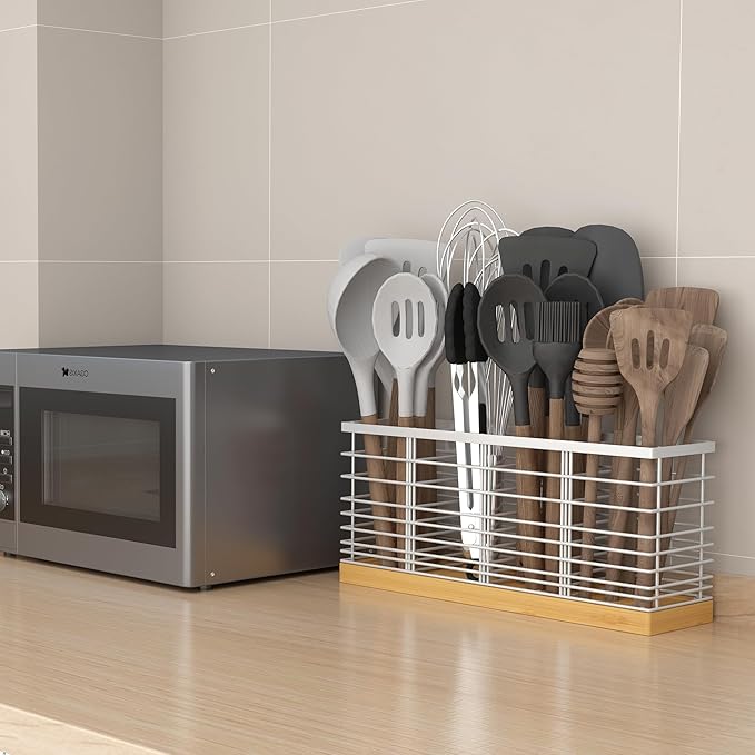 Suli Extra Large Kitchen Utensil Holder Countertop with 4 Compartments,Silvery Metal holder with Wooden Base for Countertop,Farmhouse Utensil Organizer for counter,Rustic Cooking Utensil Organizer - Image 6
