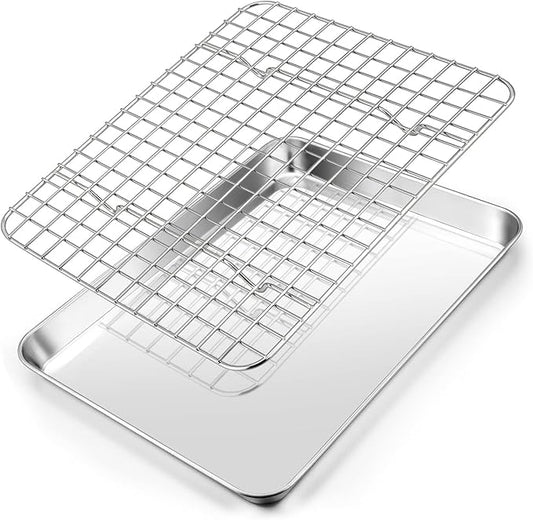 10.4 Inch Baking Sheet Pan with Cooling Rack Set, Joyfair Stainless Steel Toaster Oven Tray Pans with Grid Racks, Rectangular Bakeware for Cookie/Bacon, Heavy Duty & Rust-free, Dishwasher Safe
