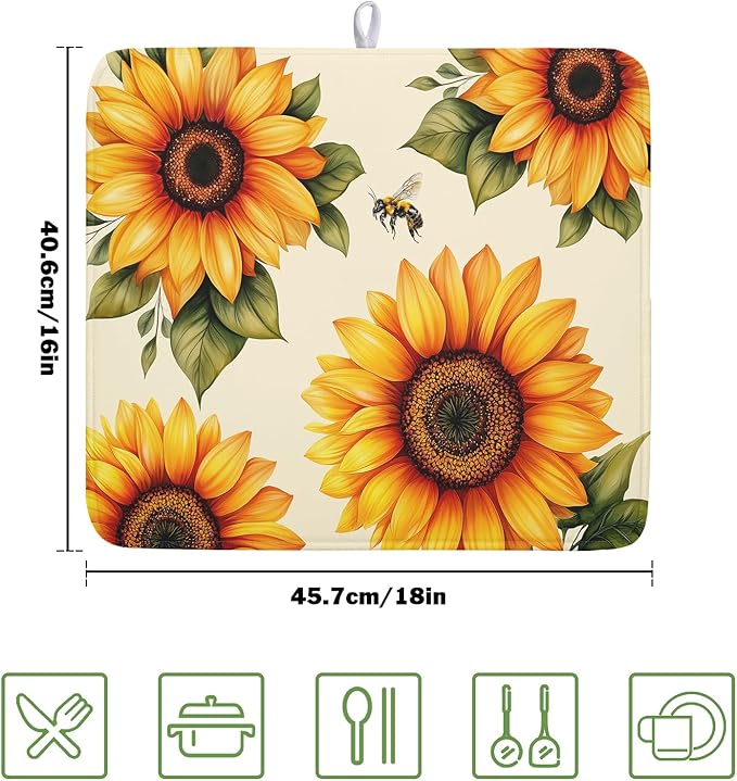 Spring Summer Dish Drying Mat 16x18 Inch Absorbent Reversible Sunflower Drying Mat Sunflower Bee Dish Drying Rack Mat Yellow Summer Themed Dish Drainer Mat for Kitchen Counter Coffee Bar