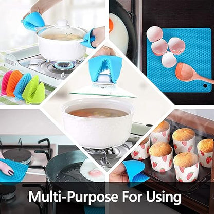Silicone Oven Mitts and Pot Holders Set, MTZRFLL Extra Long Heat Resistant Oven Gloves with Hot Pads and Mini Oven Mittens for Grilling, Kitchen Cooking Baking, Soft Quilted Lining, Pack of 6 (Blue) - Image 5