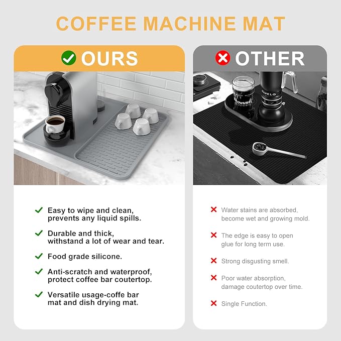 Silicone Coffee Mat,16'' x 16'' Coffee Bar Mat with Detachable Dish Drying Mat for Kitchen Countertops,Coffee Bar Accessories Fit Under Coffee Maker Coffee Machine Espresso Machine Dish Rack - Image 6