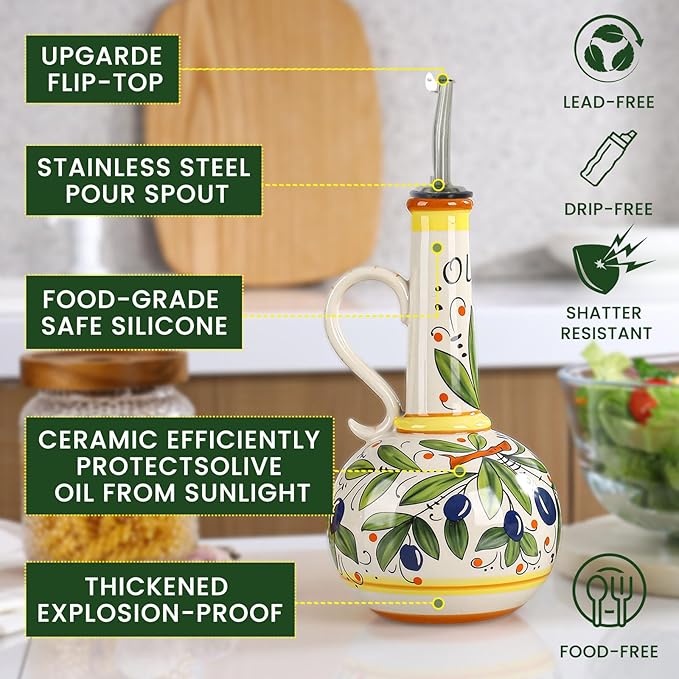18 oz Ceramic Olive Oil Dispenser Bottle for Kitchen, Large Capacity Oli and Vinegar Cruet with Stainless Steel Spout, 540 ml Oil Container with Handle for Cooking Preventing, Vinegar Cruet - Image 6