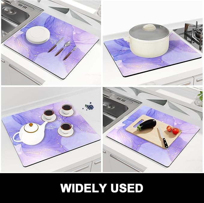 Rnivvi Dish Drying Mat for Kitchen Counter, 16 x 18" Cute Marble Theme Absorbent Heat Resistant Drying Pad with Non-slip Rubber, Coffee Bar Mats for Coffee Machine Dish Rack Kitchen Decor, Purple - Image 7