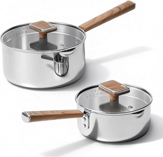 CAROTE1.5Qt & 3Qt Stainless Steel Saucepan Set, Triple Ply Stainless Steel Pot, Saucepan with Glass Lid, Small Sauce Pot with Wooden Handle, Easy Pour Rim by CAROTE