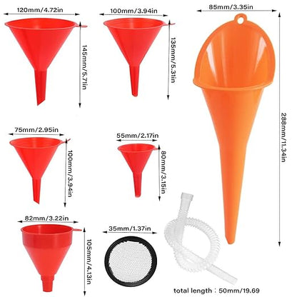 Oil Funnel for Automotive Use, Plastic Oil Change Funnels Set Large Flexible Fuel Funnel with Long Hose and Filter Bendable Wide Mouth for Car Motorcycle Boat Bottle Water Gasoline (7PCS)
