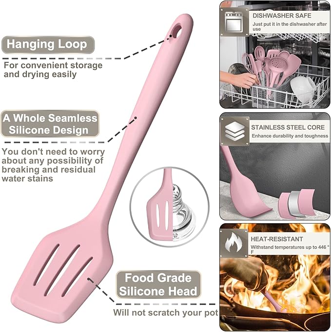 Silicone Cooking Kitchen Utensil Set, AIKKIL 43 Pcs Pink Cooking Utensils Set, Turner, Tongs, Spoon, Spatula, Kitchen Gadgets Tools Set For Nonstick Cookware, Heat Resistant (Dishwasher, BPA Free) - Image 3