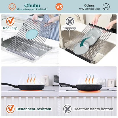 Ohuhu Sink Drying Rack, 20.5" W x 16.1" L Over The Sink Roll-Up Dish Drainer - Rolling Foldable Accessories Heat-Resistant Mat Anti-Slip Silicone Coated Multipurpose for Kitchen Counter - Image 5