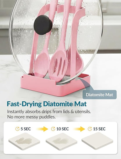 NiHome Kitchen Utensil Holder for Pot Lids & Spoons Pink Kitchen Accessories with White Diatomite Drip Tray, Non-Slip Base, Metal Cooking Spoon Rest, 3.9"x3.9"x6" Countertop Organizer (Pink) - Image 3