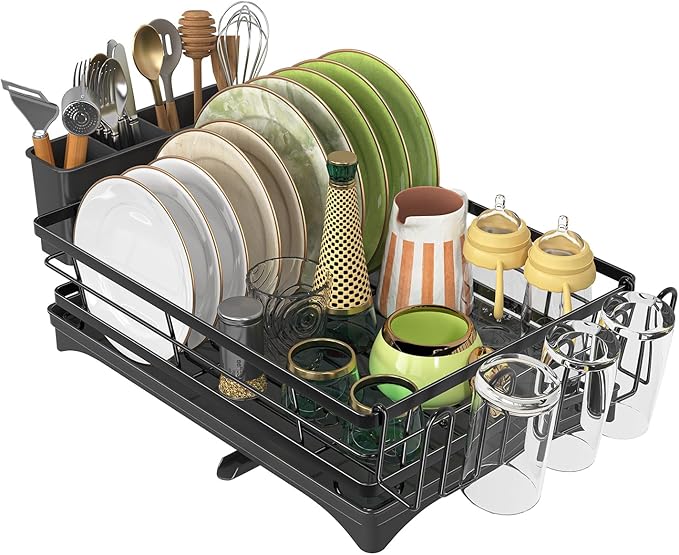 Ekisemio Dish Drying Rack for Kitchen Counter - Large Capacity Dish Drainer with Cutlery Holder & Drip Tray, Space Saving Kitchen Organizer (12x15.7), Black - Image 7