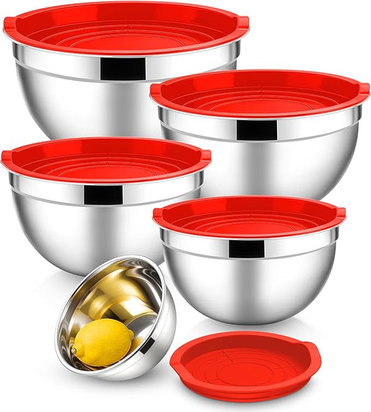E-far Mixing Bowls With Lids Sets of 5, 10-Piece Stainless Steel Salad Metal Nesting Bowl for Baking Cooking and Prepping, Airtight Lid & Stackable Design, Size 4.6, 3, 2.1, 1.5, 0.7 QT, Red by E-far
