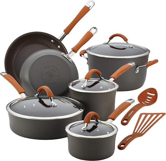 Rachael Ray Cucina Dishwasher Safe Hard Anodized Nonstick Cookware Pots and Pans Set, 12 Piece, Gray with Orange Handles by RachaelRayKitchenware