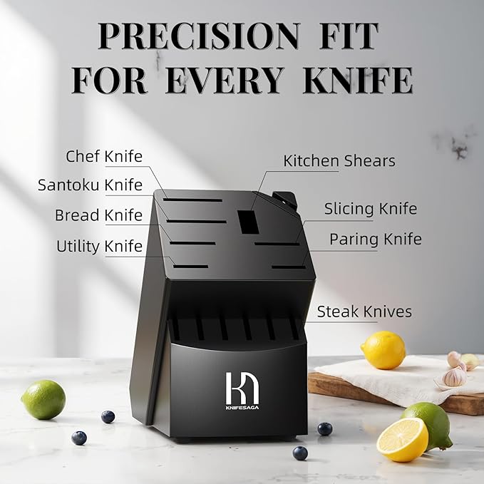 KnifeSaga Knife Set Premium, Kitchen Knife Block Set 14 Pcs Japanese High Carbon Stainless Steel Enduring Razor Sharp, Black Chef Knives Set for Kitchen with Built-in Sharpener and Acacia Wood Block - Image 9