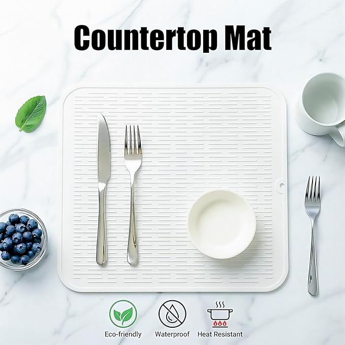 MicoYang Silicone Dish Drying Mat for Multiple Usage,Easy clean,Eco-friendly,Heat-resistant Silicone Mat for Kitchen Counter or Sink,Refrigerator or Drawer Liner White XL 18 inches x 16 inches - Image 3