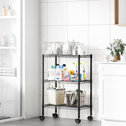 DUMOS 3-Tier Metal Wire Storage Shelves, Adjustable Standing Storage Rack Shelf with Wheels, Heavy Duty Steel Shelving Unit Organizers for Kitchen Bathroom Pantry Garage, 23.1"W×13.4"D×30.2"H, Black