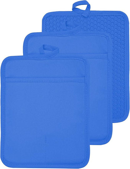 Oven Pot Holder with Pocket Cotton Heat Resistant Coaster Potholder Kitchen Hot Pad Oven Mitts for Cooking and Baking Square 7"x9" (Klein Blue, Silicone) by VEIKERY
