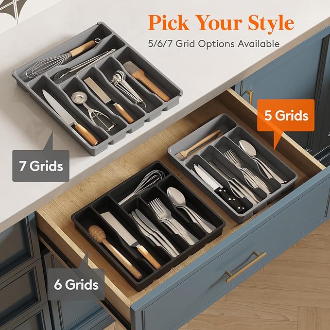 Lifewit Silverware Drawer Organizer Tray, Plastic Cutlery Storage for Kitchen, Flatware and Utensil Holder Divider for Spoons Forks Knives Tableware, 9.1 x 12.6", 5 Slots, Gray - Image 8