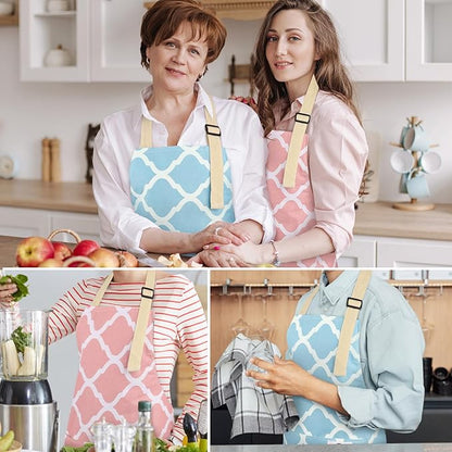 2 Pieces Aprons for Women with Pockets, Cotton Linen Waterproof Kitchen Cooking Aprons, Chef Apronfor Men Women with Adjustable Neck Strap and Long Ties(Pink/Blue)