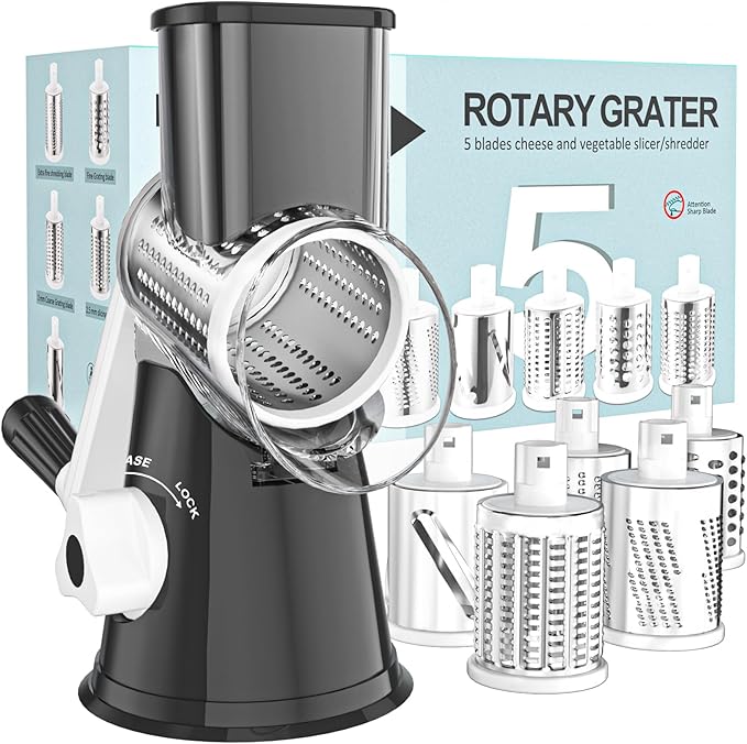 Cambom 5 in 1 Rotary Cheese Grater Hand Crank Cheese Shredder for Fresh Cheese, Vegetable, Nuts,Non-slip Suction Base, Black by Cambom