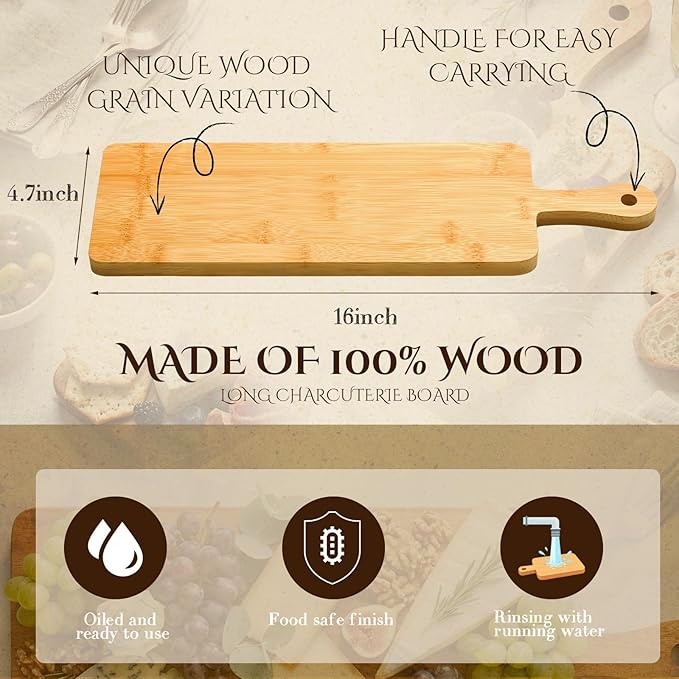 Nuenen 10 Pcs Wood Cutting Board with Handle 16.1 x 4.7 Inch Acacia Bamboo Wooden Serving Kitchen Chopping Boards for Pizza, Bread, Cheese, Charcuterie, Fruit, Vegetables(Narrow Bamboo) - Image 2