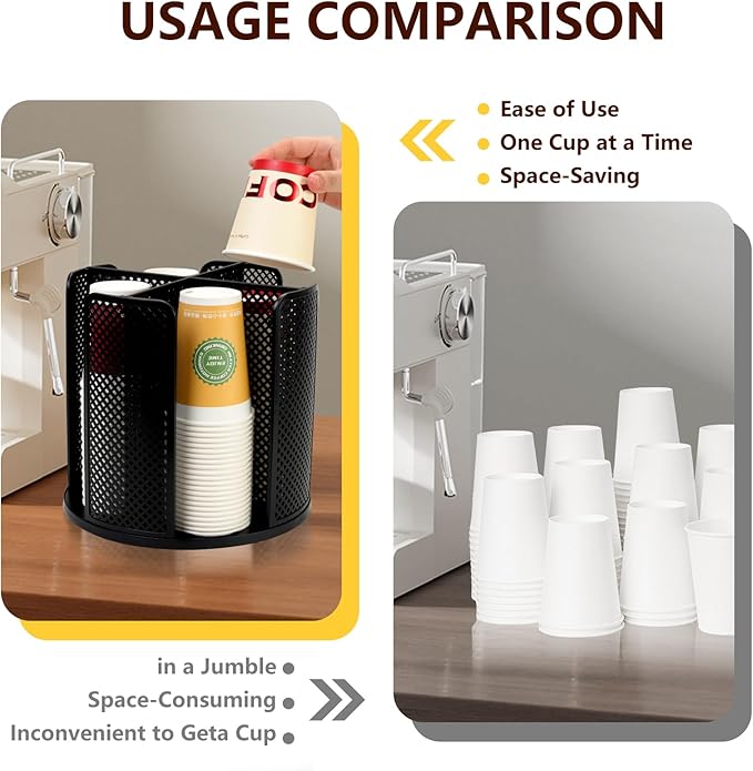 Coffee Cup Dispenser, Disposable Paper Cup and Lid Holder 360° Rotatable with 4 Compartments,Can Stacking 3-16oz Cups and Lid Holder for Coffee Shop,Home Countertop,Office,Restaurant,Kitchen - Image 5