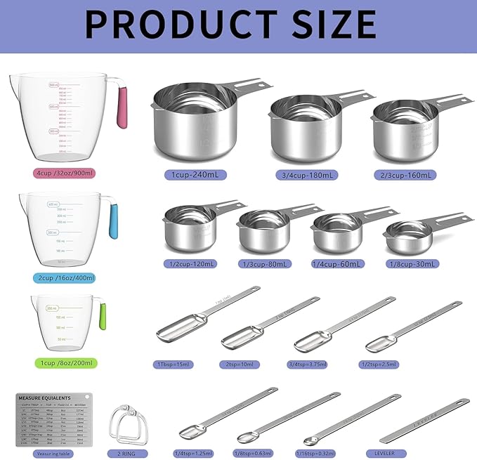 Stainless Steel Measuring Cups and Spoons Set, 6 Stainless Steel Measuring Cups, 7 Measuring Spoons & 1 Leveler, 3 Plastic Measuring Cup with 1 Measuring Conversion Chart - Image 7