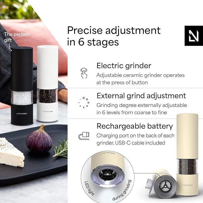 LARS NYSØM Electric Salt and Pepper Grinder Set I Automatic Salt and Pepper Mills with Adjustable Ceramic Grinder I USB Rechargeable Electric Spice Mill Set with LED Light (Almond Beige) - Image 2