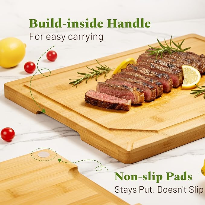 Kikcoin Over Sink Bamboo Cutting Boards for Kitchen - 3+1 Piece Self-Draining Healthy Wood Cutting Board Set with Built in Handle& Spout, Charcuterie& Meat Extra Large Butcher Chopping Boards, Natural - Image 2