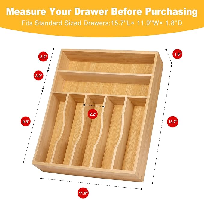 Kitchen Bamboo Silverware Organizer, Kitchen Drawer Organizer - Utensil Holder and Cutlery Tray with Grooved Drawer Dividers for Flatware 7 Slot, Natural - Image 3