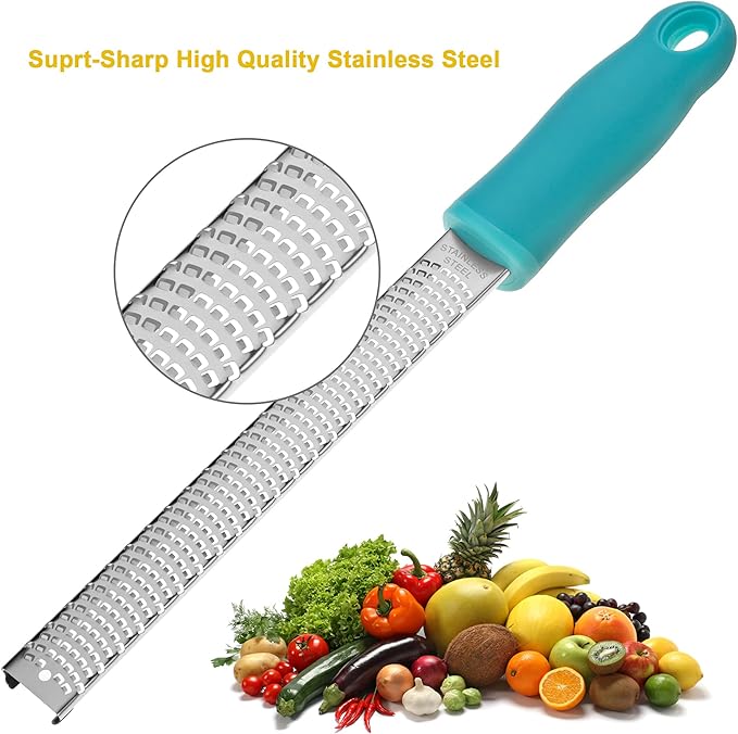 8-Inch Lemon Zester & Cheese Grater 18/8 Stainless Steel Citrus Zester for Lemon, Lime, Parmesan, Garlic & Ginger 8’’ Long Razor Sharp Blade, Ergonomic Non‑Slip Handle with Protective Cover, Blue