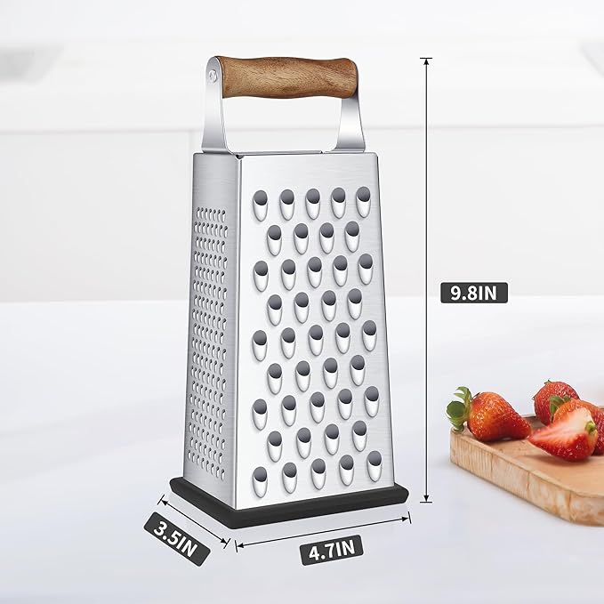 Cheese Grater with Wood Handle, Size 4-Sided Stainless Steel Box Grater, Food Shredder for Cheese, Parmesan, Vegetable, Dishwasher Safe, Black - Image 2