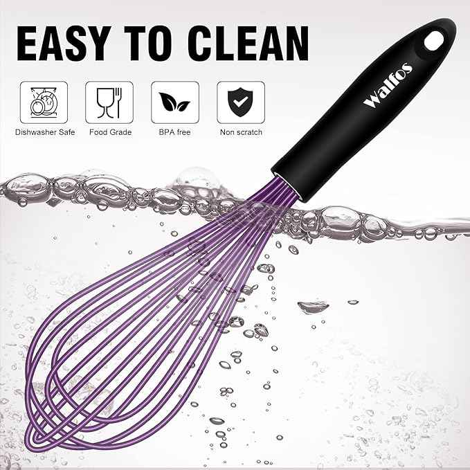 Walfos Whisk, Silicone Whisks Set of 5, Mini Stainless Steel Whisk 7+5in & Non Scratch Coated 7+9+11in Whisks, Suitable for Blending, Whisking, Beating, Frothing & Stirring. (Purple) - Image 9